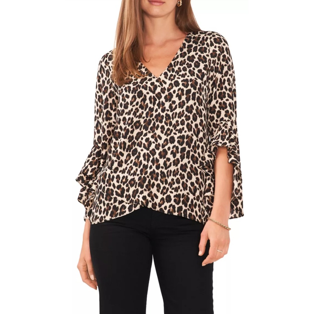 Vince Camuto XS cheetah leopard animal print office business bell sleeves blouse